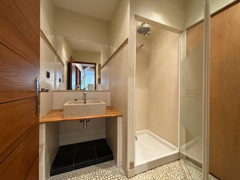 La salle d'eau avec douche et meuble vasque 